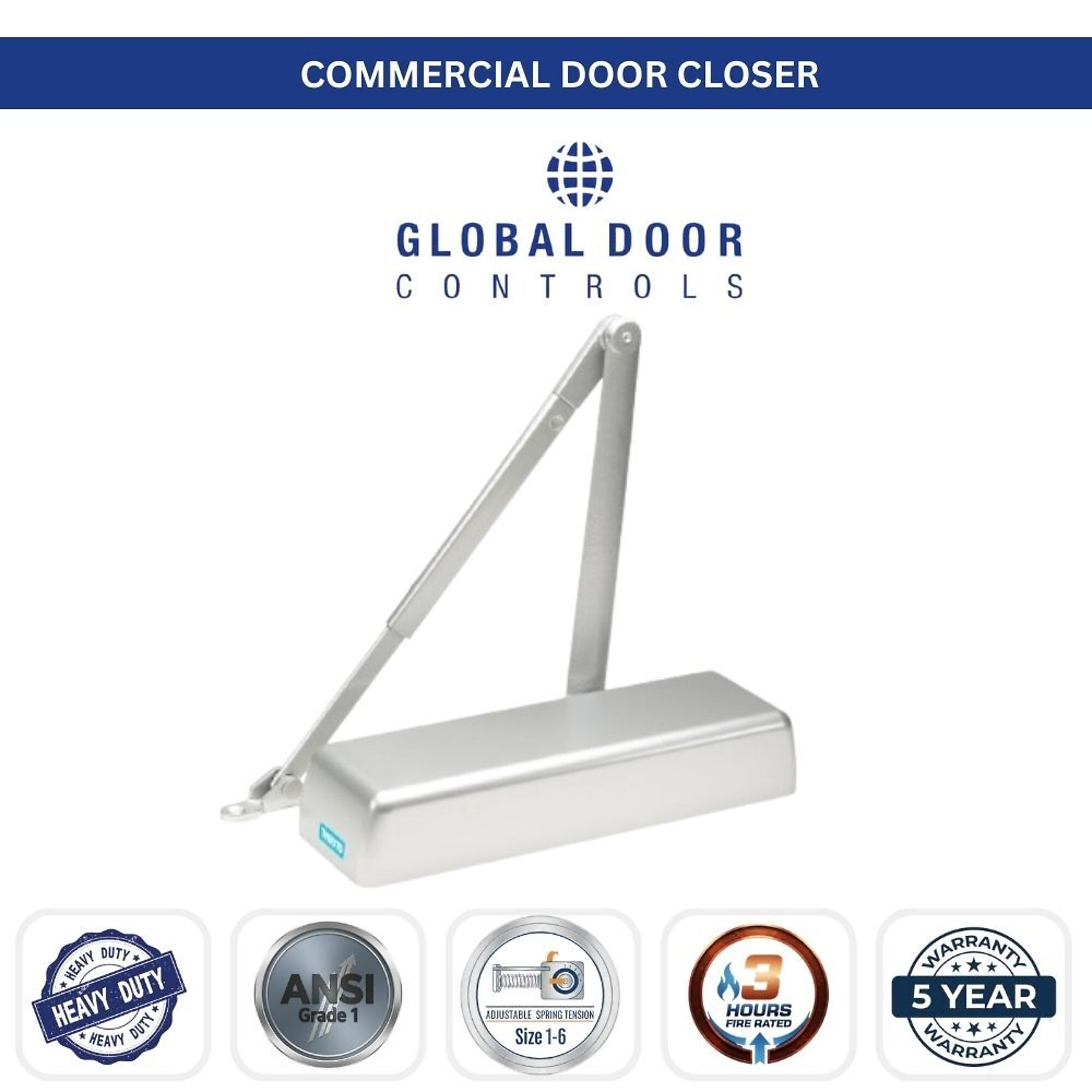 Global Door Controls, Heavy Duty Commercial Grade 1 Door Closer in Aluminum - Sizes 1-6, #TC4300-AL